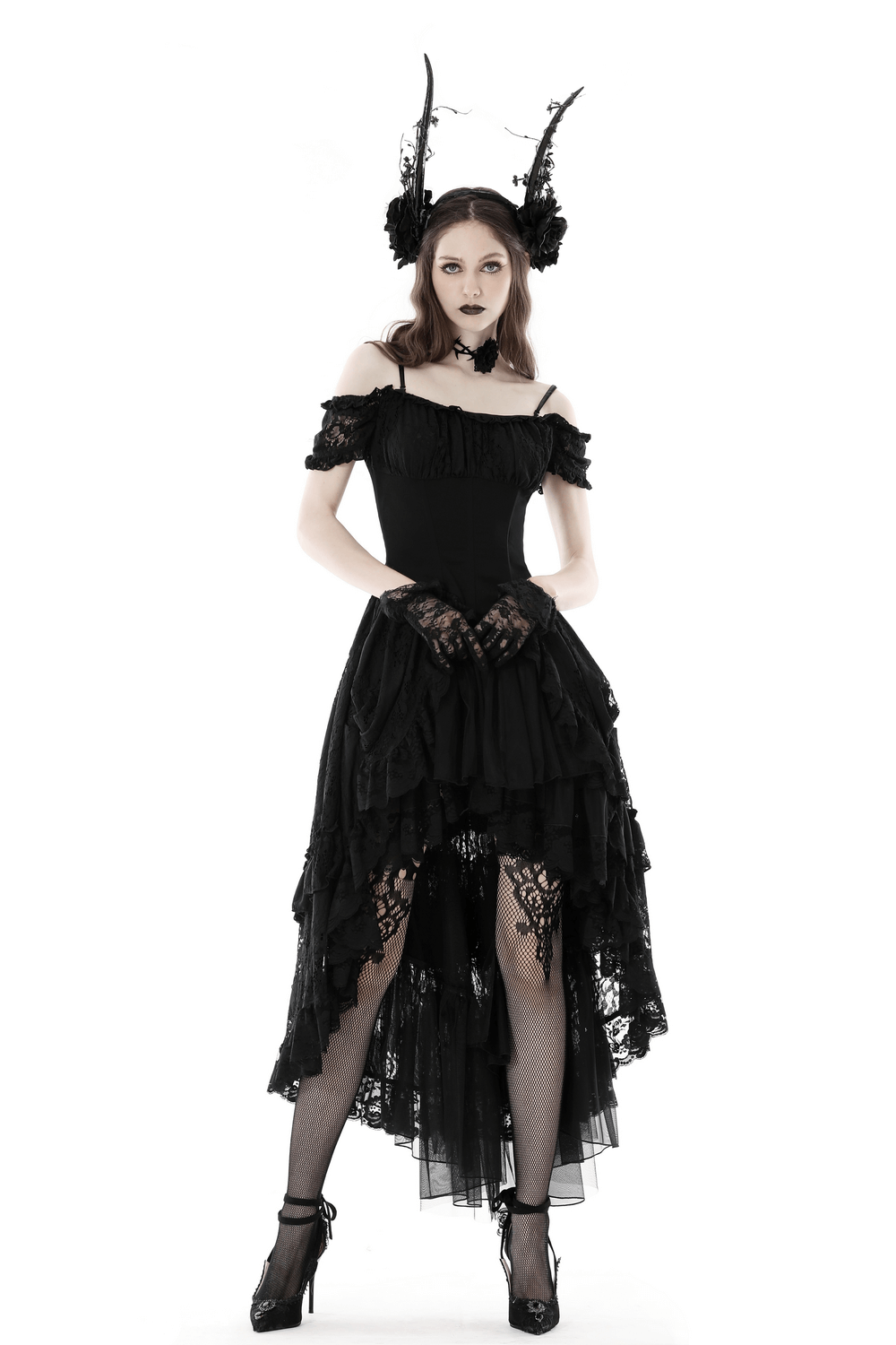 Dark romance lace off-shoulder high-low gothic dress with intricate details and dramatic hem for an enchanting look.