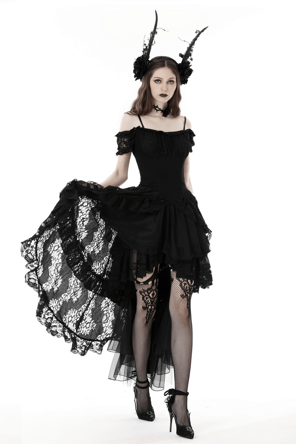 Off-shoulder black lace dress with high-low hem, gothic flair, perfect for dark events and masquerades.