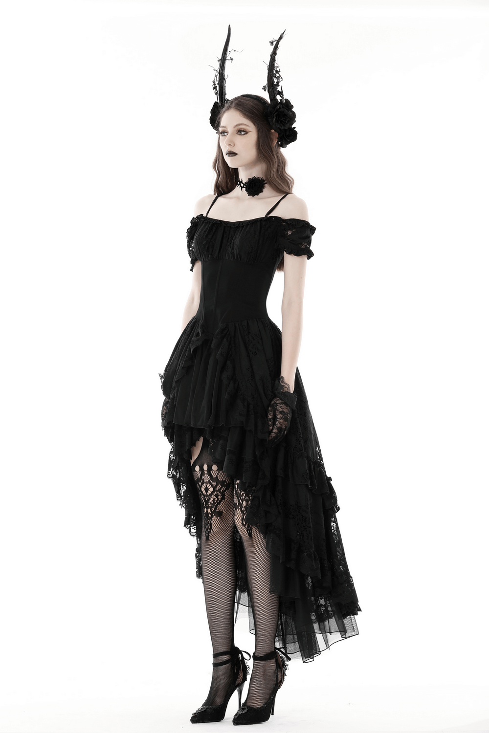 Off-shoulder black lace high-low gothic dress with intricate detailing and dramatic hem, perfect for dark events.