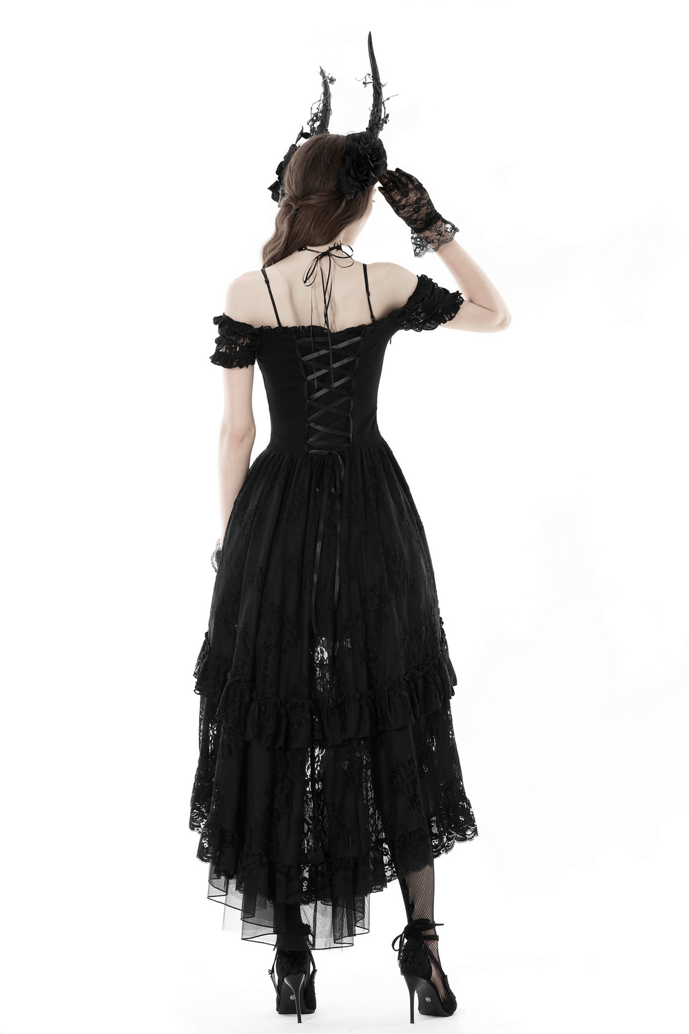 Lace Off-Shoulder High-Low Gothic Dress With Asymmetrical Hem