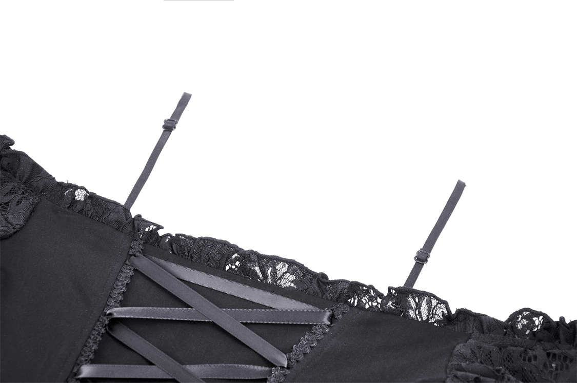 Detail of lace off-shoulder straps and bodice of a gothic high-low dress in black, showcasing intricate design.