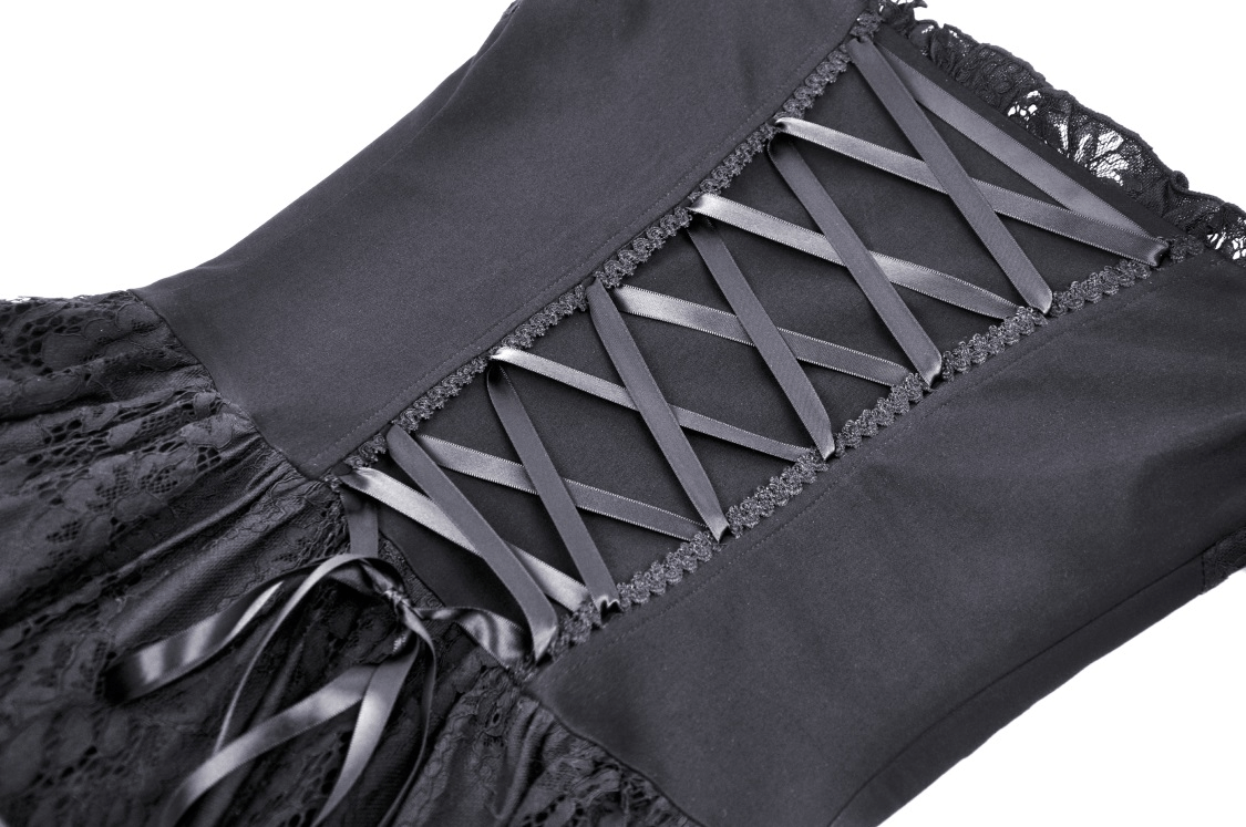 Close-up of the lace-up back of a black gothic dress featuring intricate ribbon detailing.