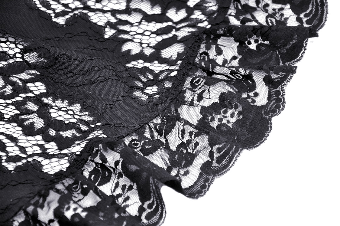 Close-up of intricate black lace fabric showcasing delicate floral patterns and scalloped edges.