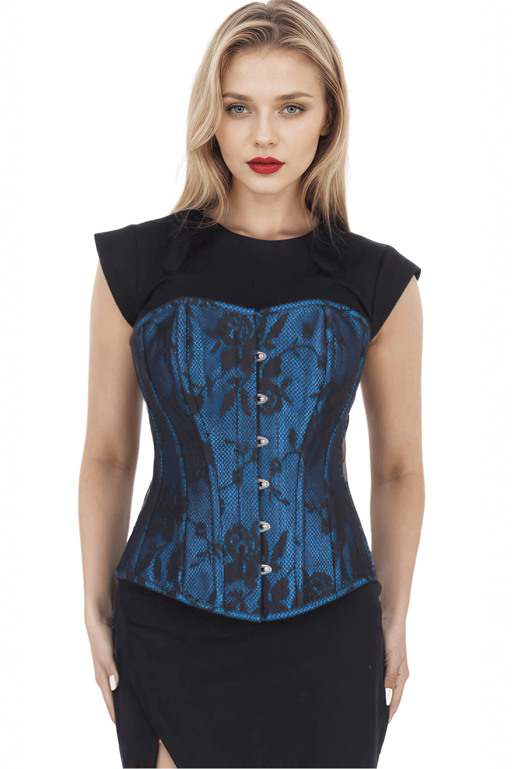 Lace overbust corset in blue with steel boning and busk front, perfect for hourglass figure and vintage looks.