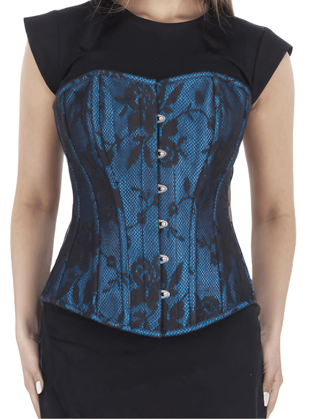 Lace overbust corset in blue with steel boning, front busk, and elegant floral design for a gothic or vintage look.