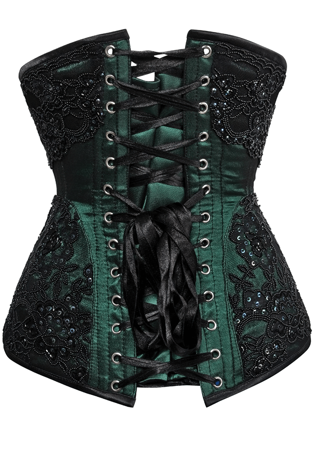 Elegant lace overlay satin corset with spiral and flat steel bones for waist training, featuring intricate detailing.