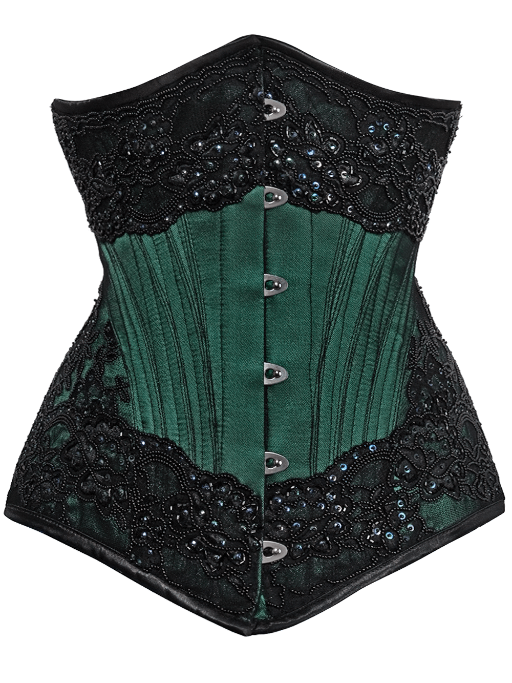 Elegant lace overlay satin corset in deep green with intricate detailing and metal busk closure for waist training.