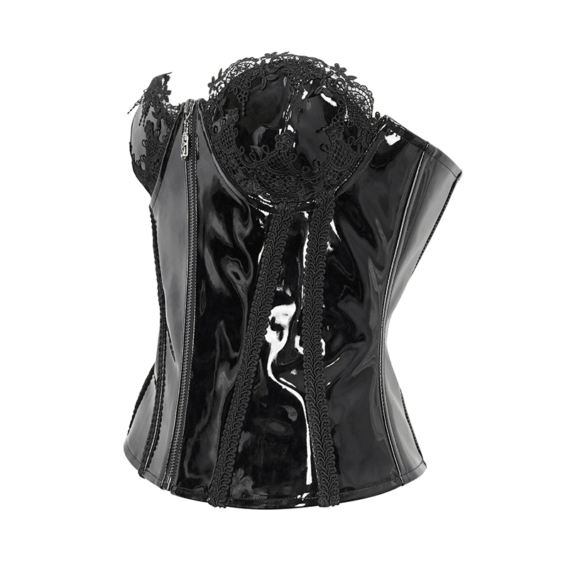 Lace Patent Leather Corset with Zipper Front and Lace-up Back - HARD'N'HEAVY