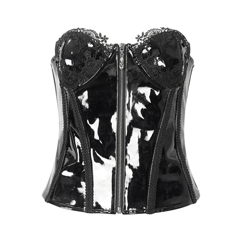 Lace patent leather corset with zipper front and lace-up back in a high-gloss black finish, perfect for gothic glamour.