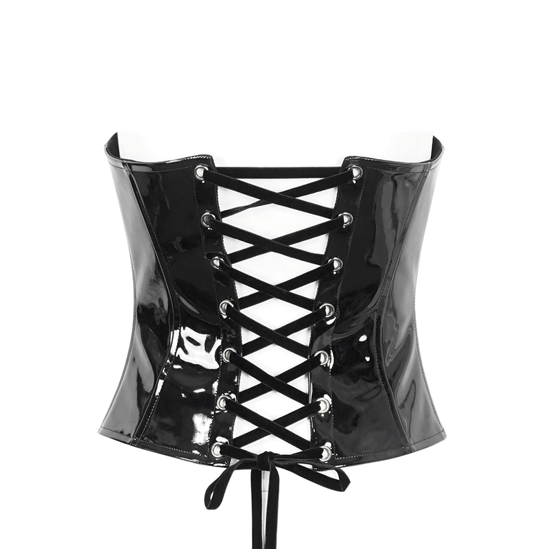 Lace patent leather corset with zipper front and lace-up back for gothic glamour style.