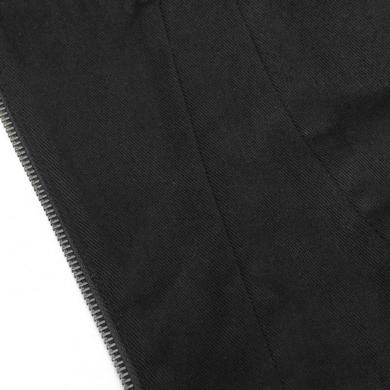 Close-up of a black fabric with a shiny zipper, showcasing the sleek design of a women's corset.