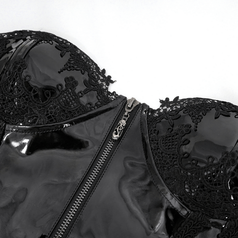 Lace patent leather corset with zipper front and intricate lace detailing, showcasing gothic glamour style.