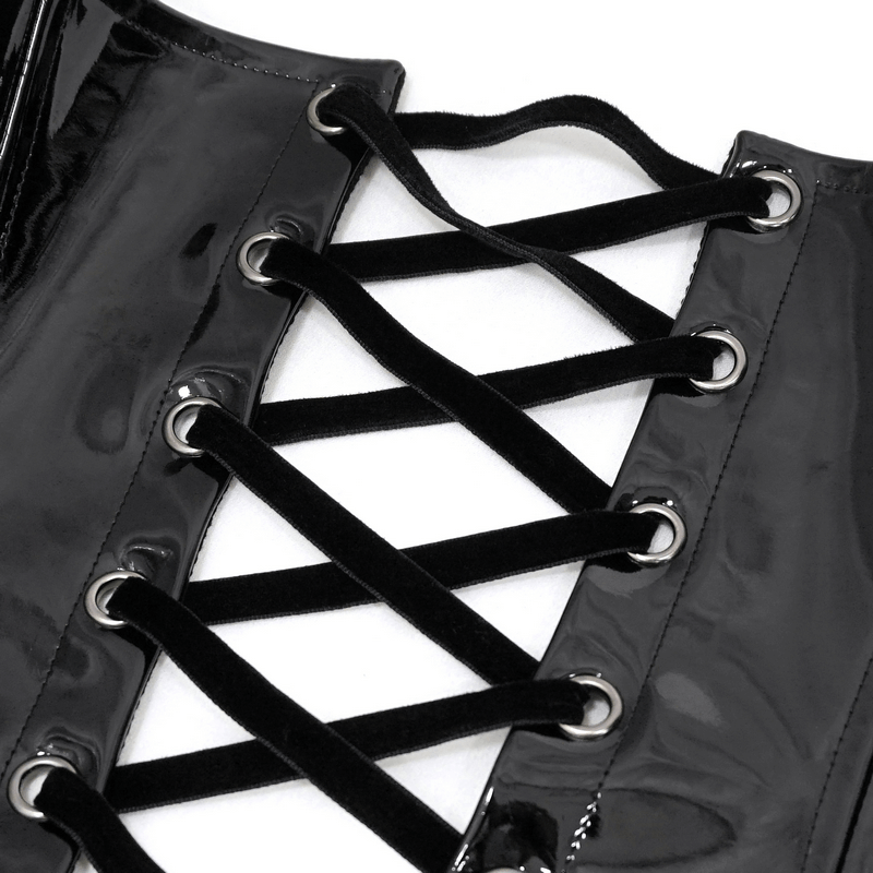 Close-up of lace-up back detailing on a black patent leather corset, showcasing gothic style and craftsmanship.