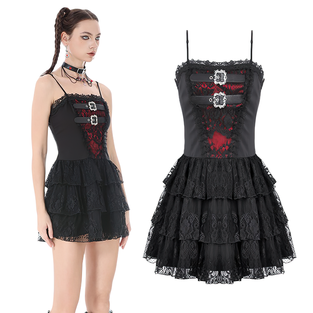 Lace Ruffle Mini Dress with Corset Back and Buckles featuring layered lace and buckle straps for a punk look.