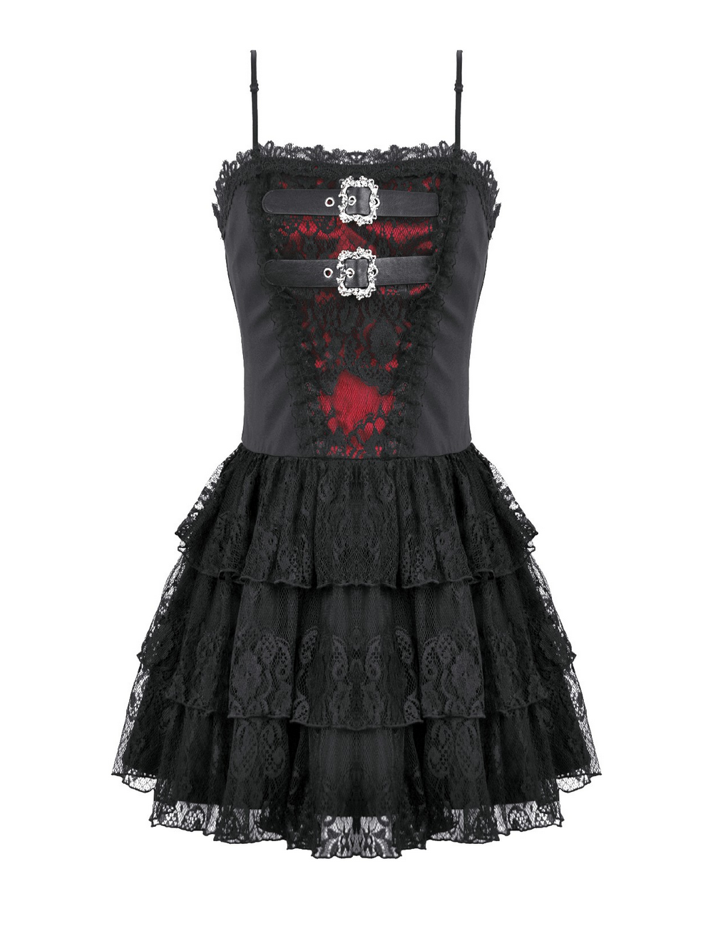 Lace Ruffle Mini Dress with Corset Back and Buckles featuring layered lace ruffles and buckle straps.