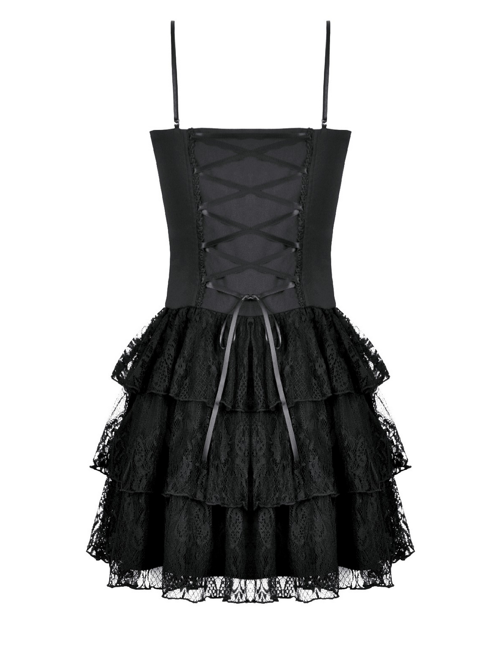Lace Ruffle Mini Dress with Corset Back and Buckles showcasing layered lace ruffles and a corset lacing detail.