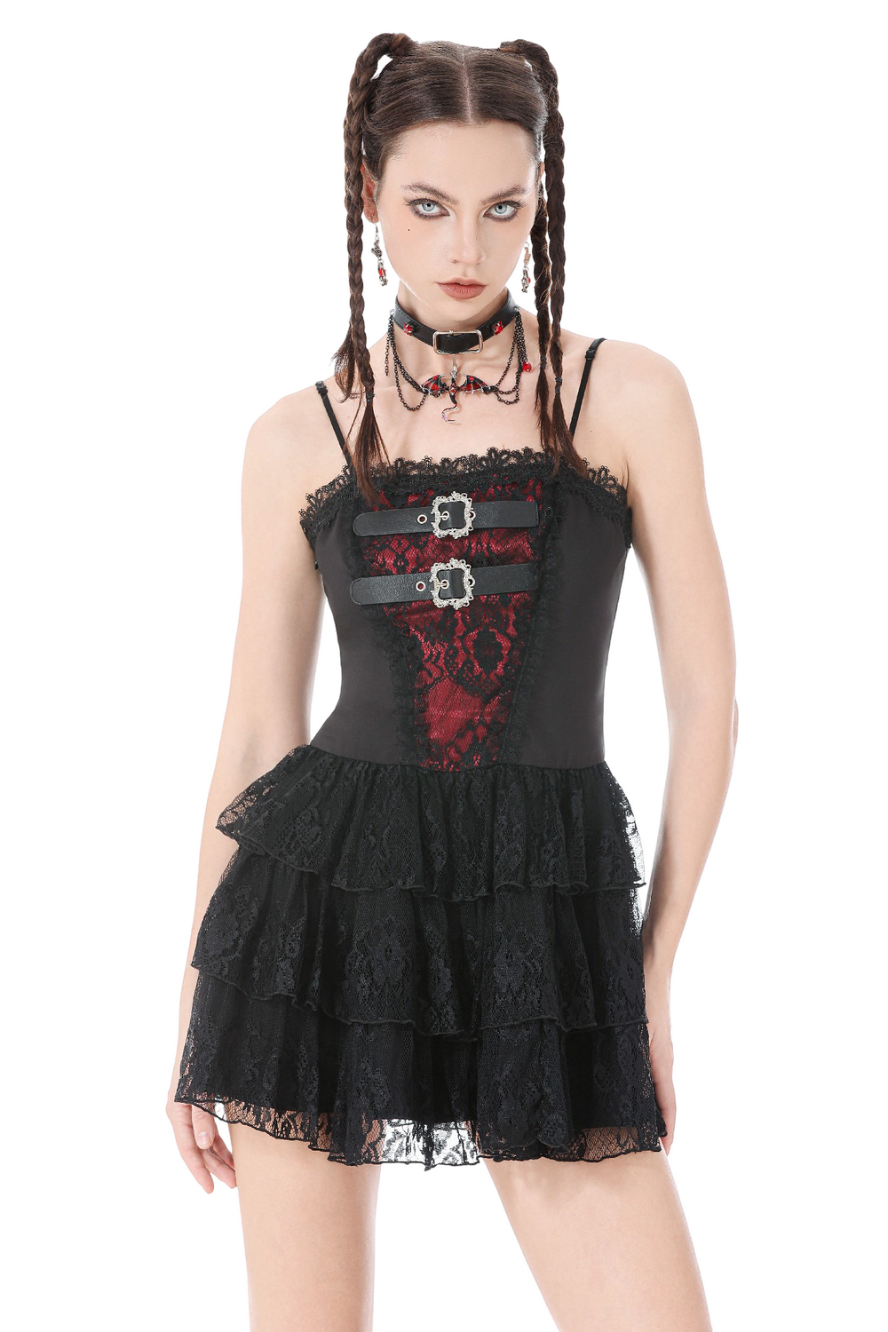 Lace Ruffle Mini Dress with Corset Back and Buckles featuring red lace and layered black ruffles.