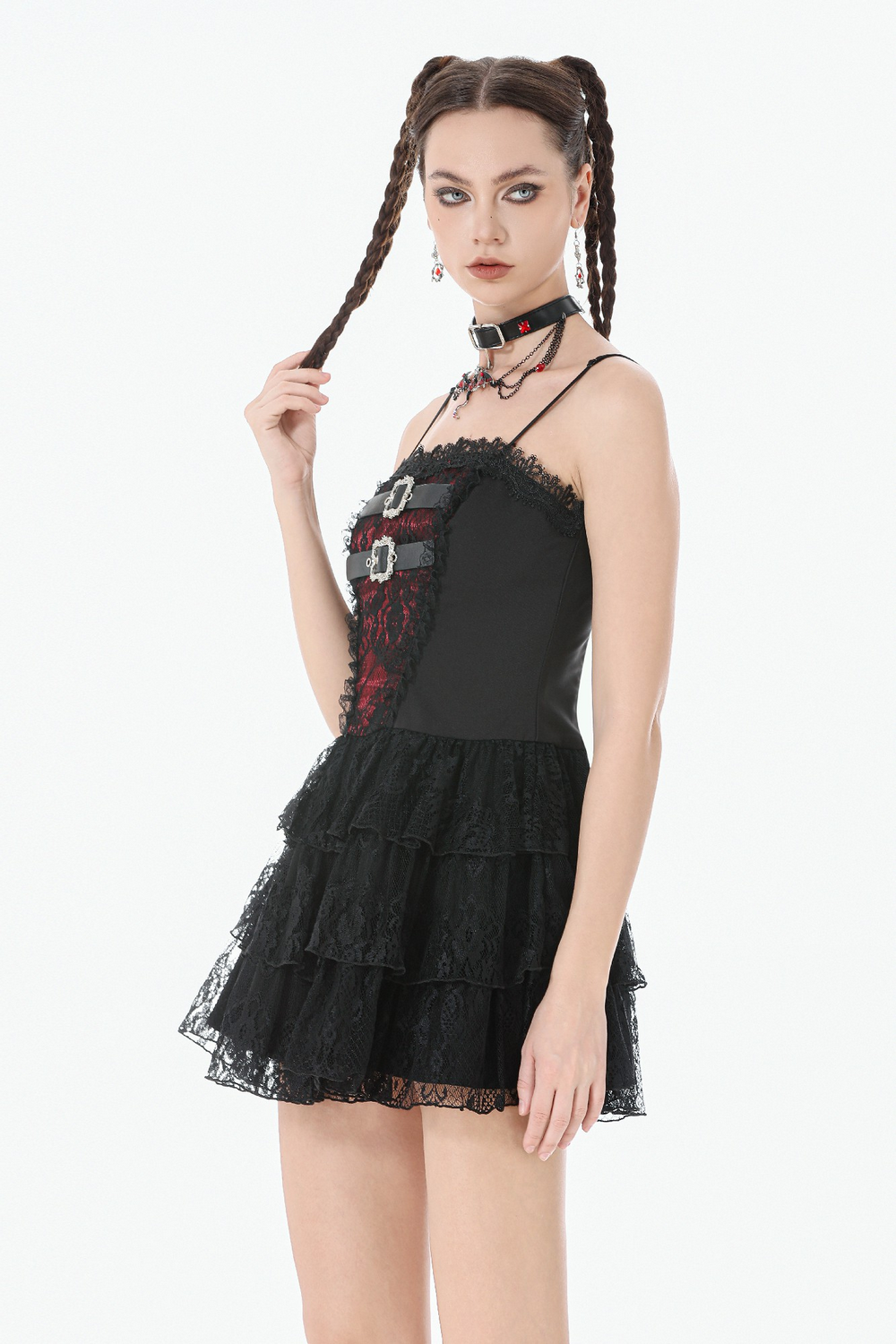 Lace Ruffle Mini Dress with Corset Back and Buckles on model, showcasing gothic style and layered lace ruffles.