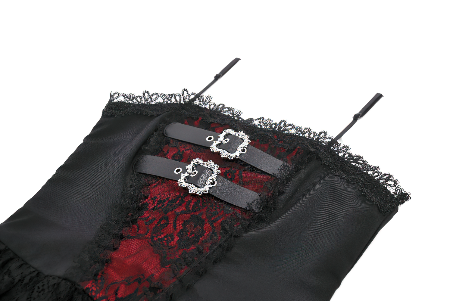Lace Ruffle Mini Dress with Corset Back and Buckles featuring black lace and red paneling with buckle details.