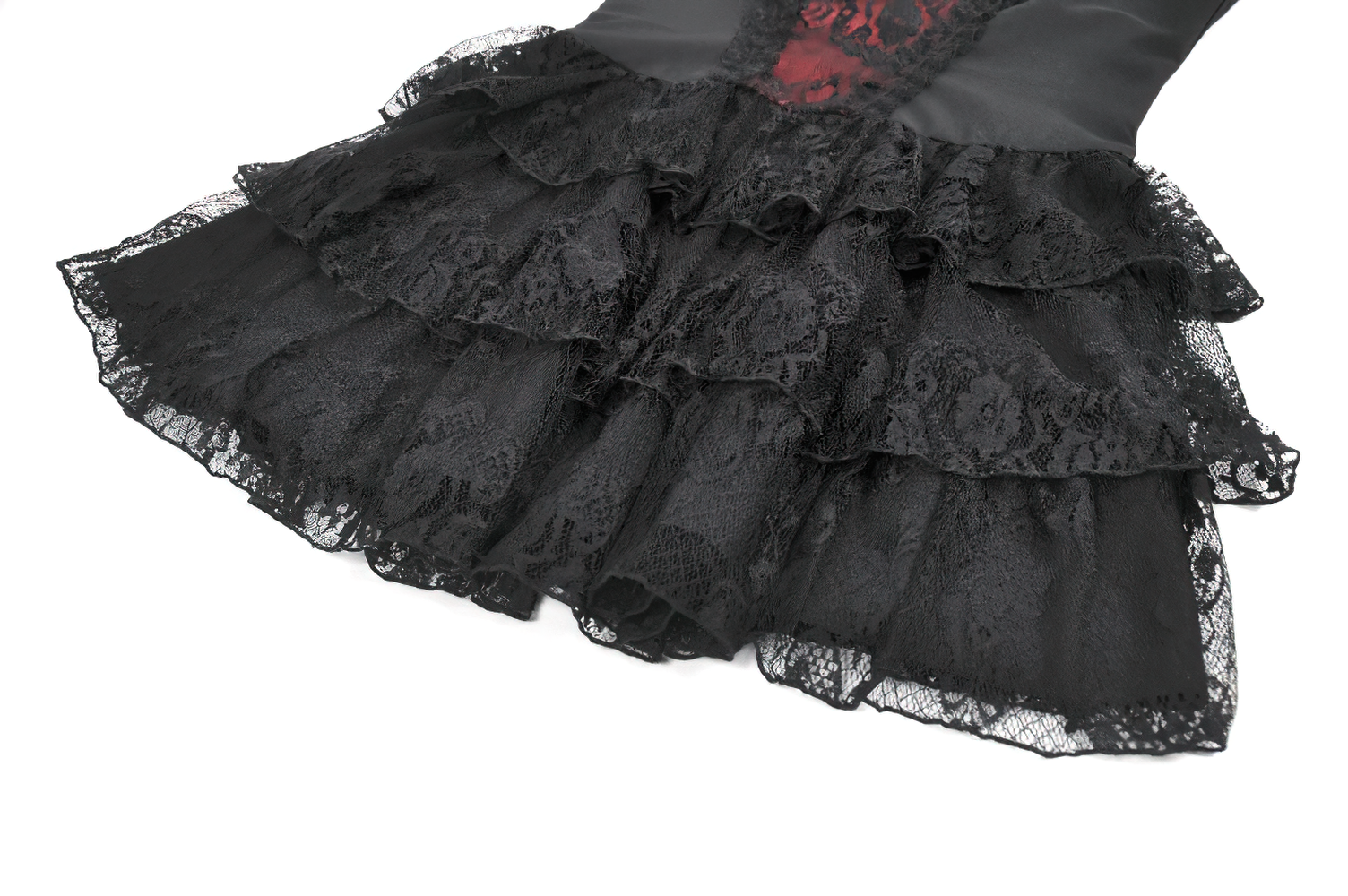 Lace Ruffle Mini Dress with Corset Back and Buckles showcasing gothic layered lace ruffles and red paneling.