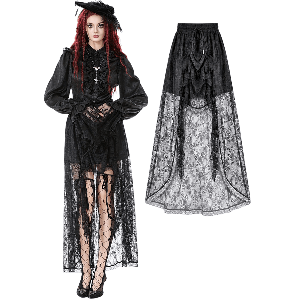 Lace Tiered Skirt with Drawstring Waist for Gothic Style showcased on a model wearing gothic fashion details.