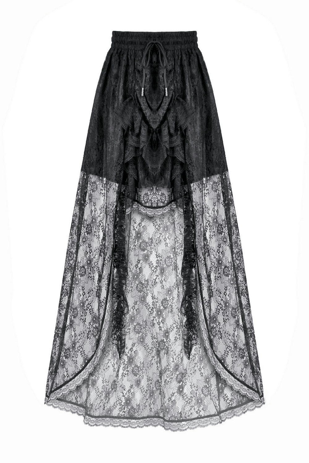 Lace Tiered Skirt with Drawstring Waist for Gothic Style, featuring elegant black lace and ruffled tiers.