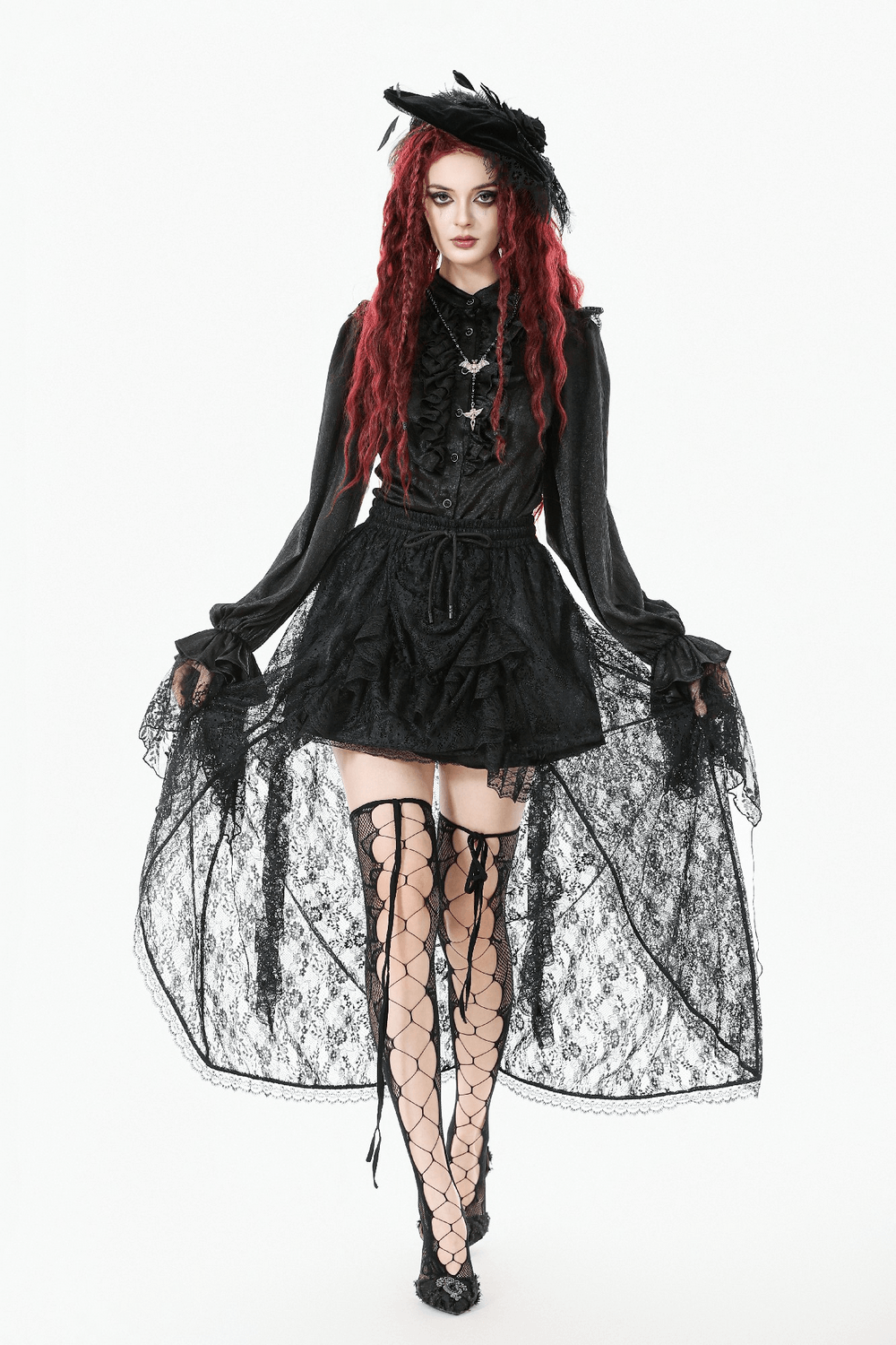 Lace Tiered Skirt with Drawstring Waist for Gothic Style worn by model, showcasing elegant black lace and alternative fashion.