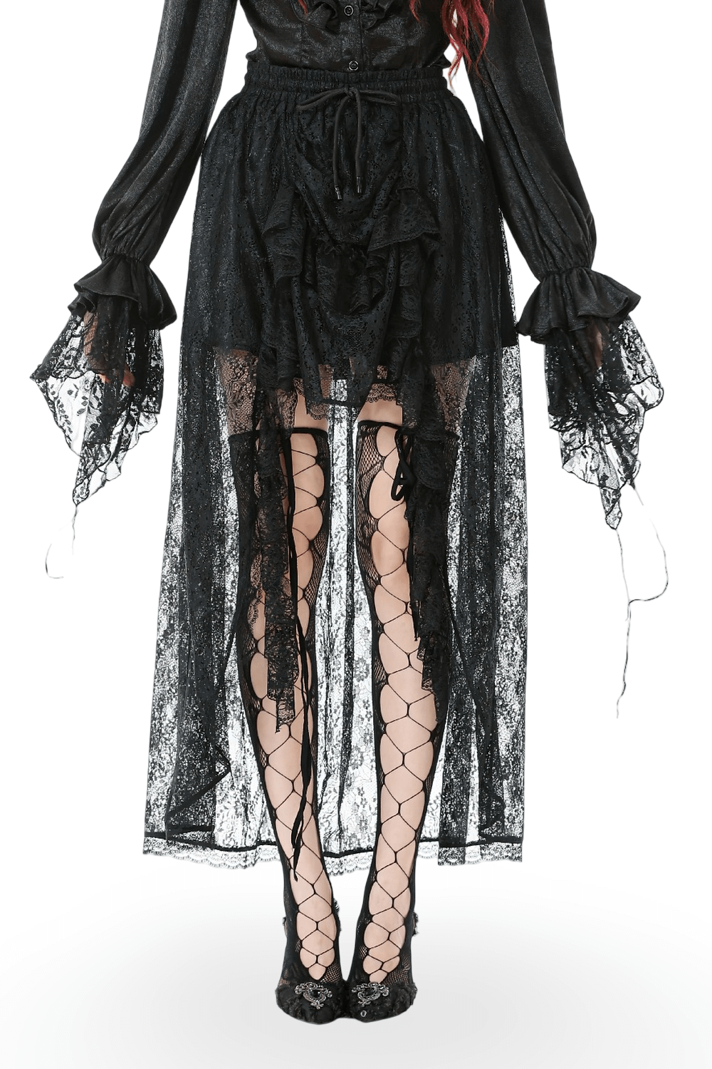 Lace Tiered Skirt with Drawstring Waist for Gothic Style, featuring elegant black lace and ruffled tiers.