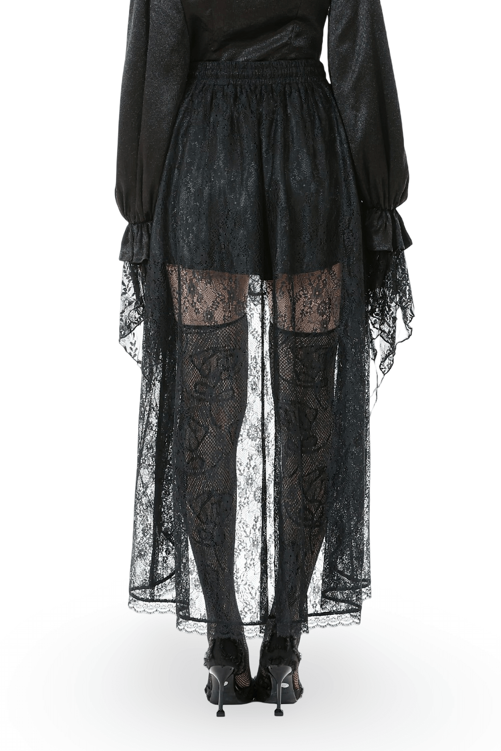 Lace Tiered Skirt with Drawstring Waist for Gothic Style showcasing elegant black lace and ruffled tiers, perfect for alternative fashion.