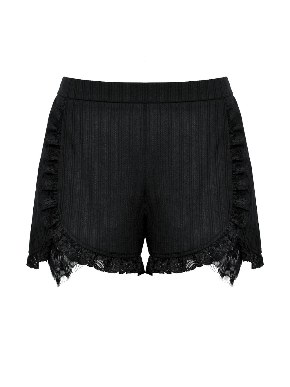 Black high-waist shorts with vintage pinstripe design and lace ruffle details for a gothic-inspired look.