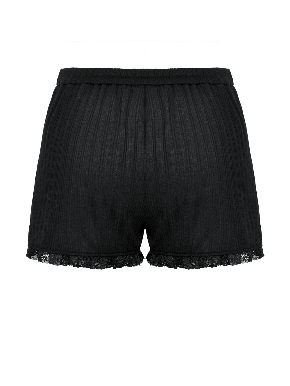 Back view of high-waist black ruffled lace shorts with vintage pinstripe design, featuring elegant lace trim.