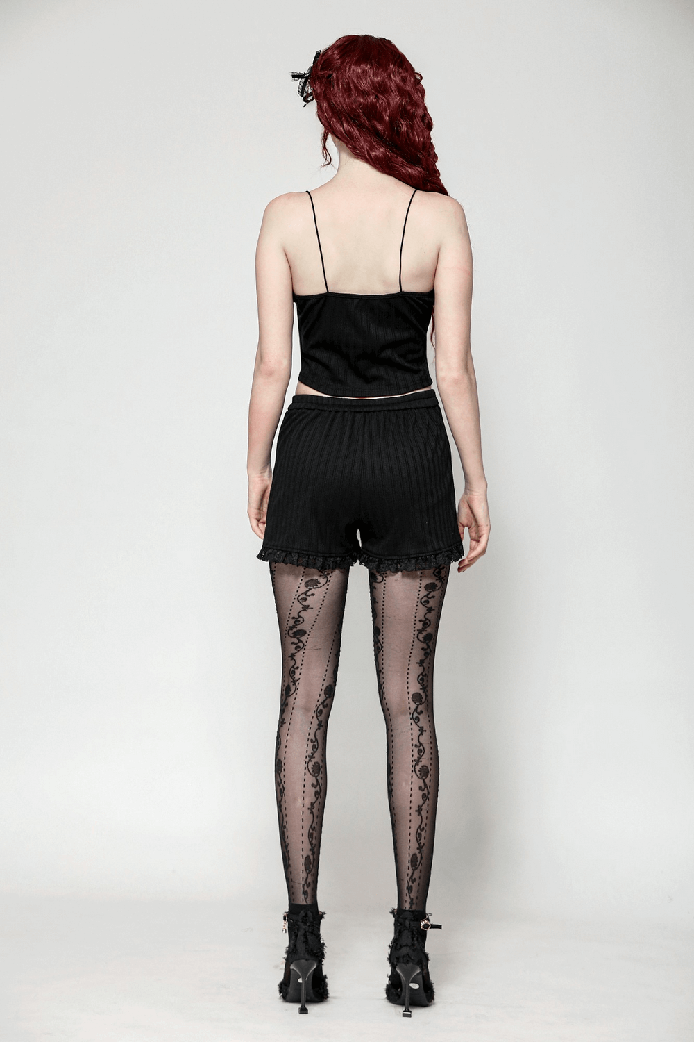Lace Trim Black Ruffle Detail High-Waist Shorts Lace Trim Black Ruffle Detail High-Waist Shorts