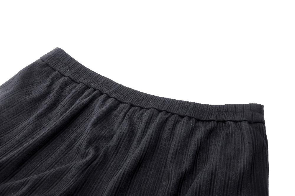 Close-up of the waistband of black lace trim high-waist shorts with textured pinstripe design.