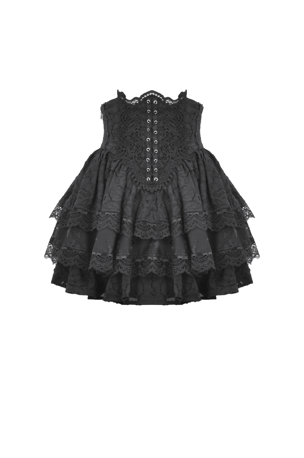 Black tiered gothic skirt with lace trim and buckle detail, perfect for Victorian-inspired looks.