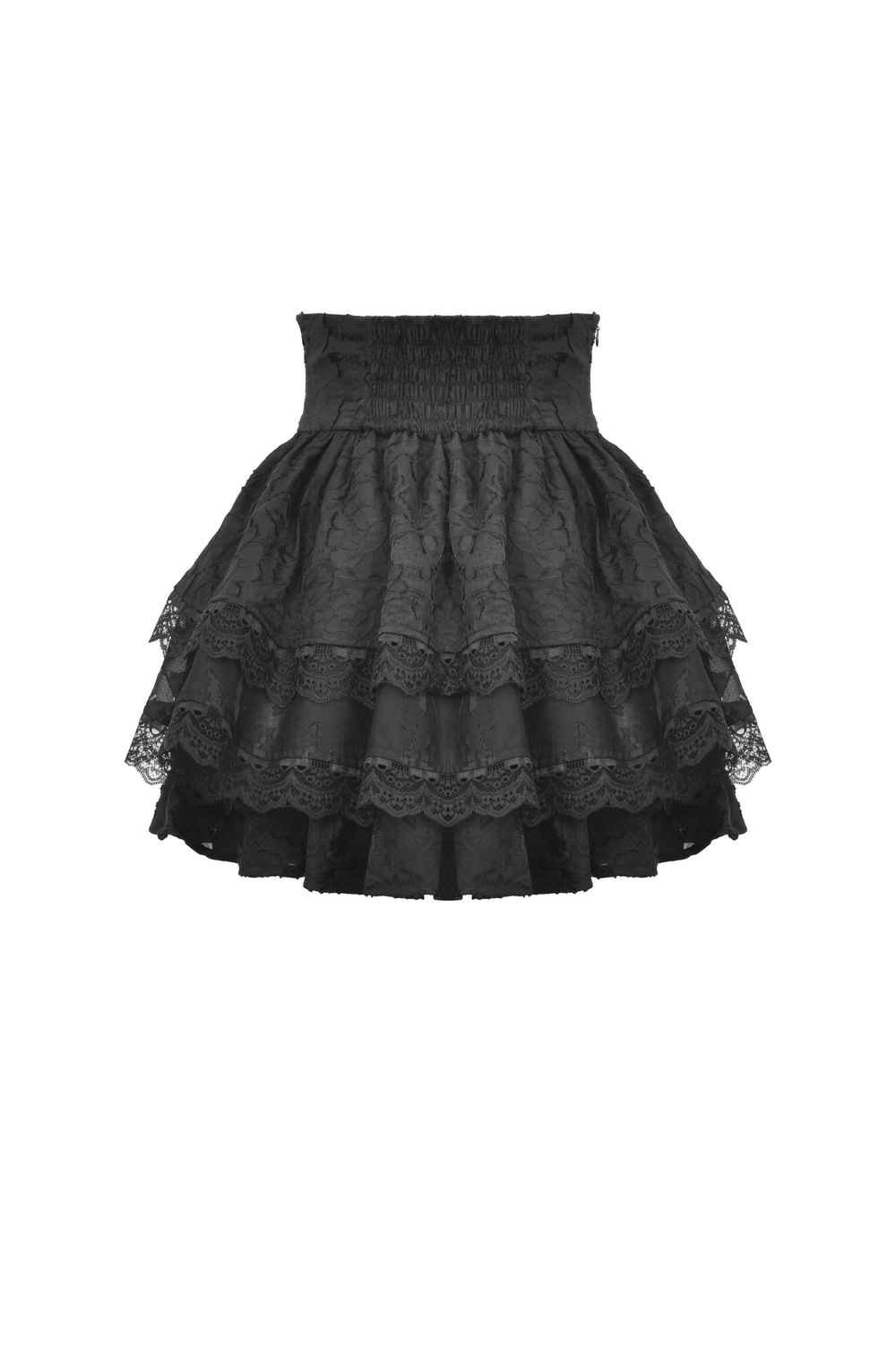 Black lace trim gothic layered skirt with tiered design and buckle detail, perfect for dramatic fashion.
