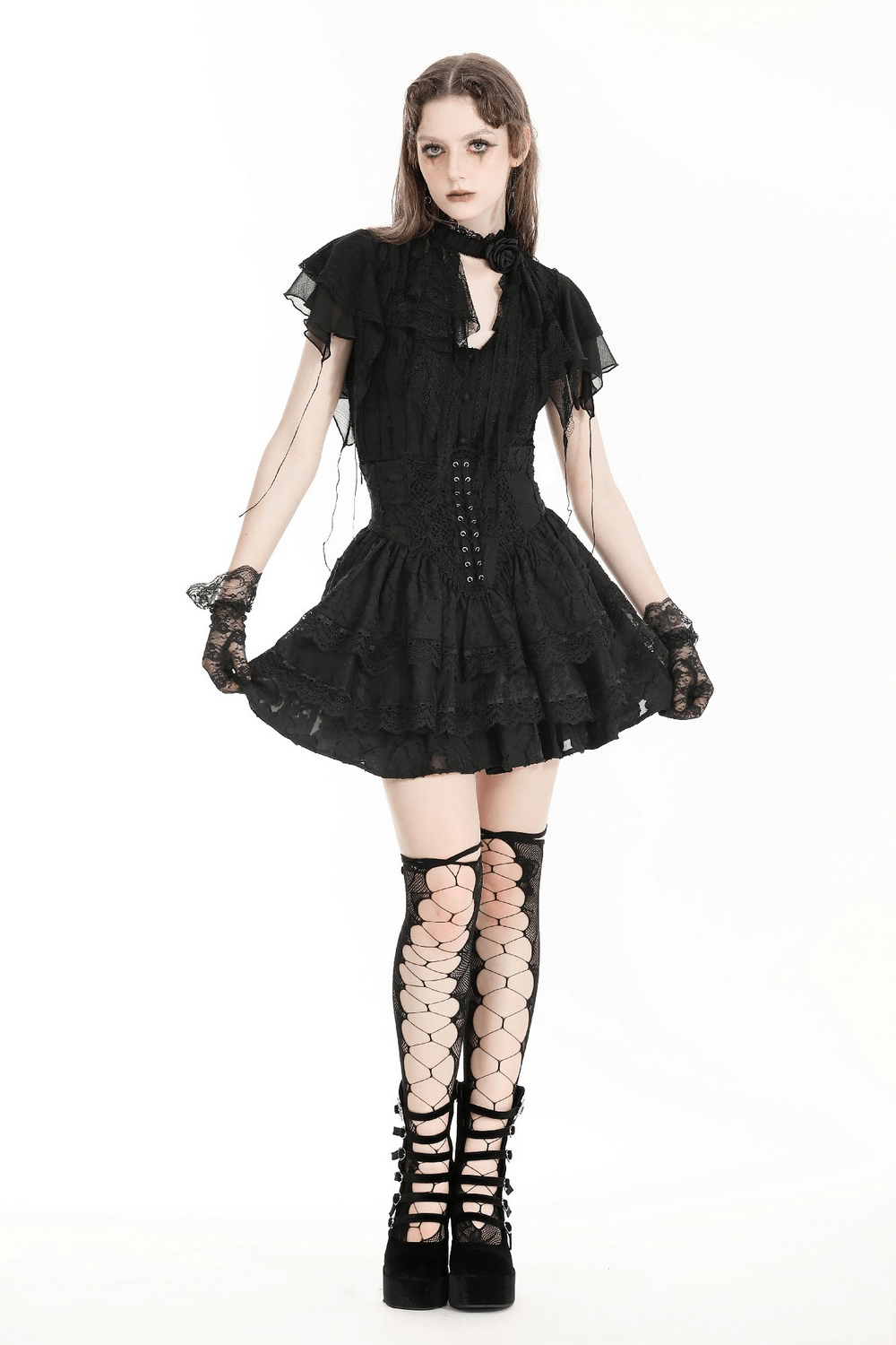 Lace Trim Gothic Layered Skirt with Buckle Detail