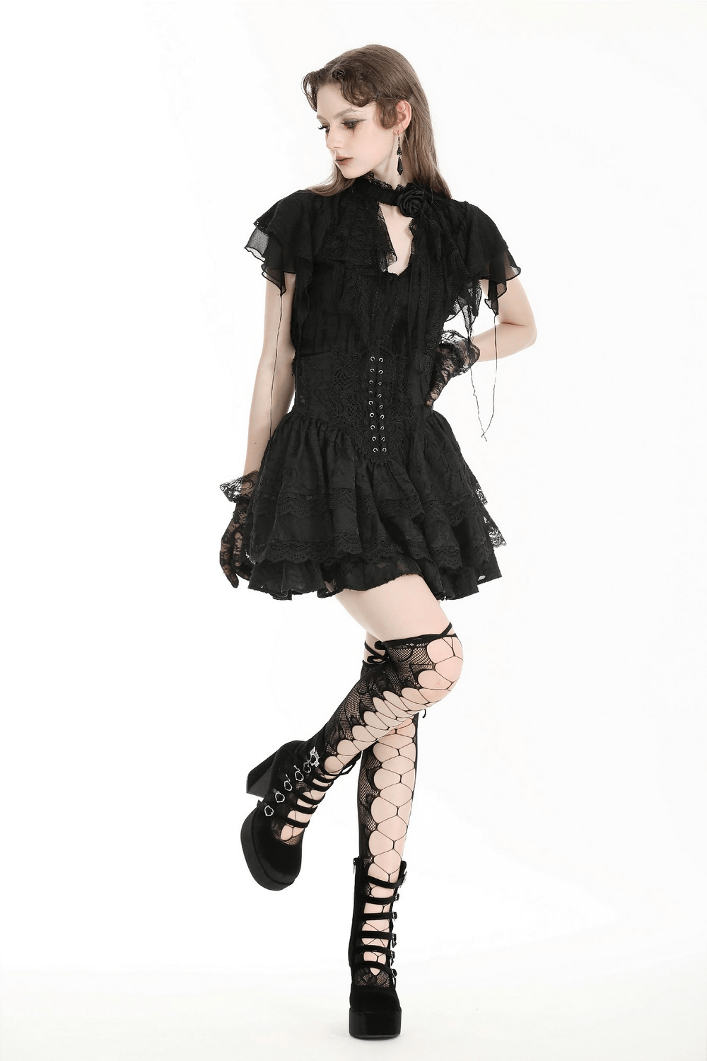 Lace Trim Gothic Layered Skirt with Buckle Detail