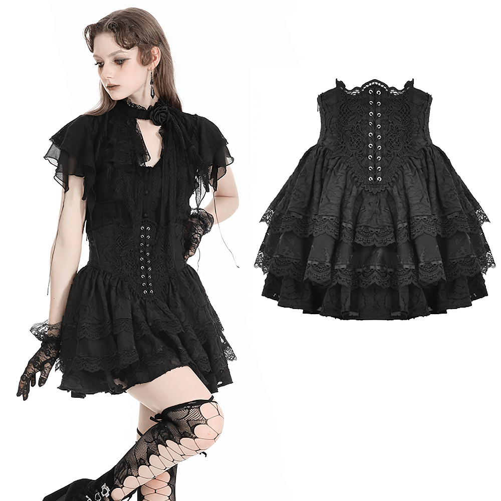 Victorian inspired black lace trim gothic tiered skirt with buckle detail, perfect for dramatic outfits.