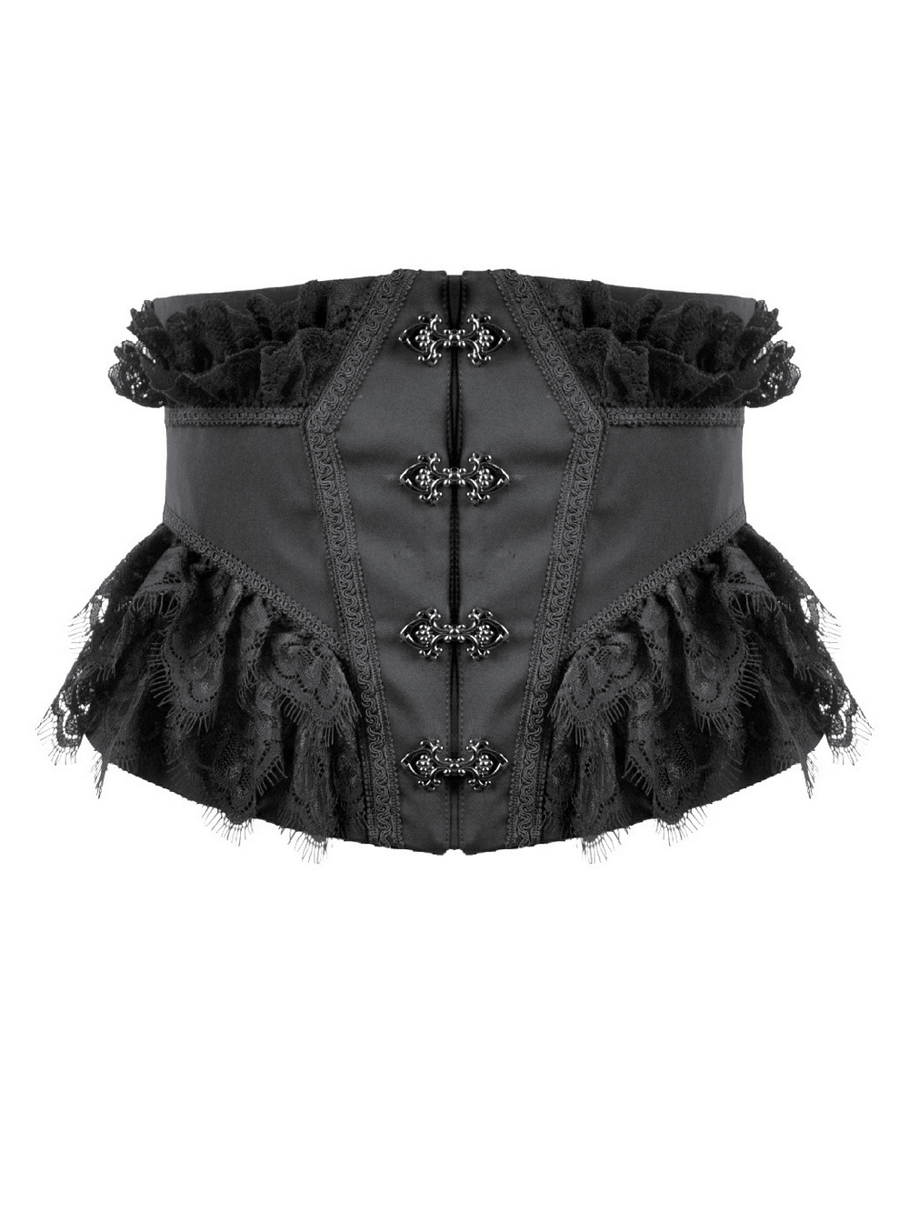 Lace-Trimmed Black Gothic Corset with Front Clasp Closure featuring intricate lace detail and structured satin fit.
