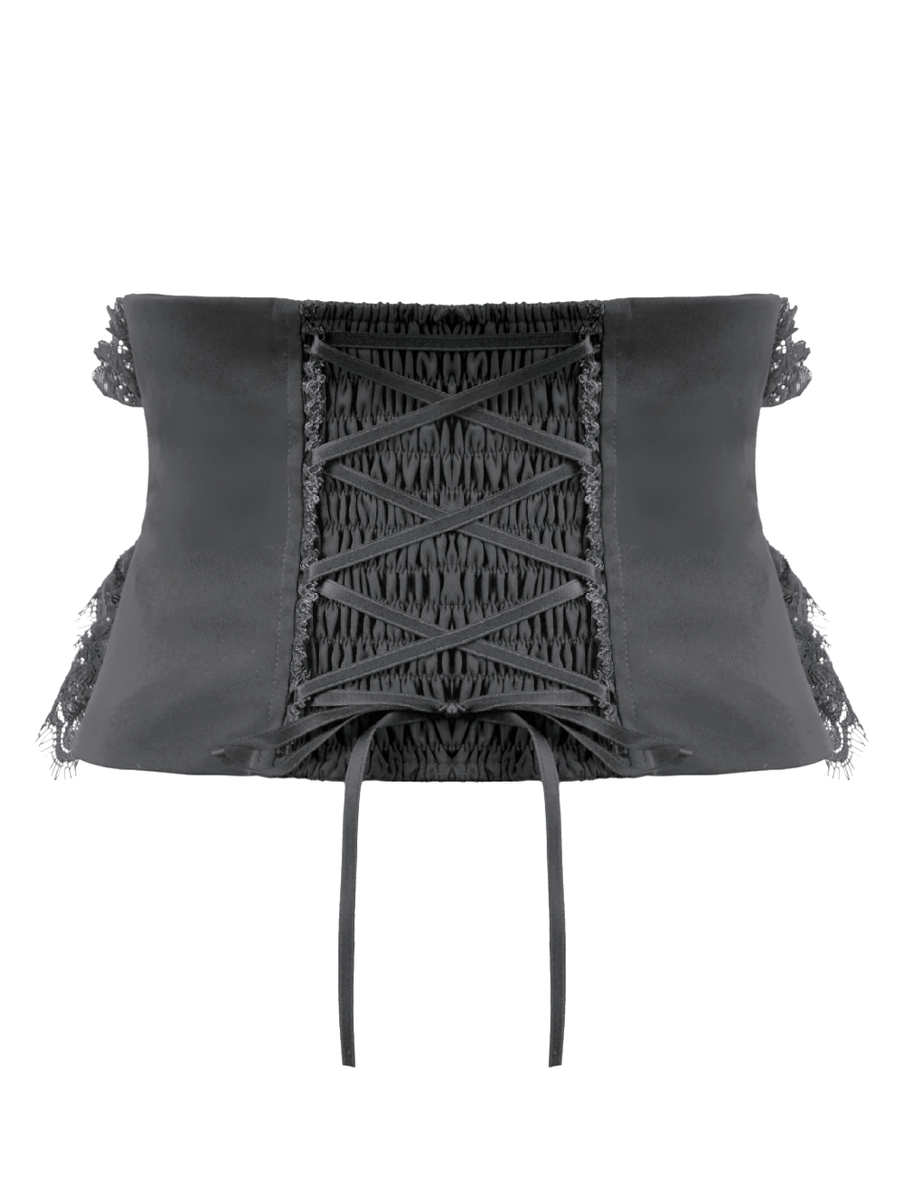 Lace-Trimmed Black Gothic Corset with Front Clasp Closure showcasing intricate lacing and elegant lace detailing.