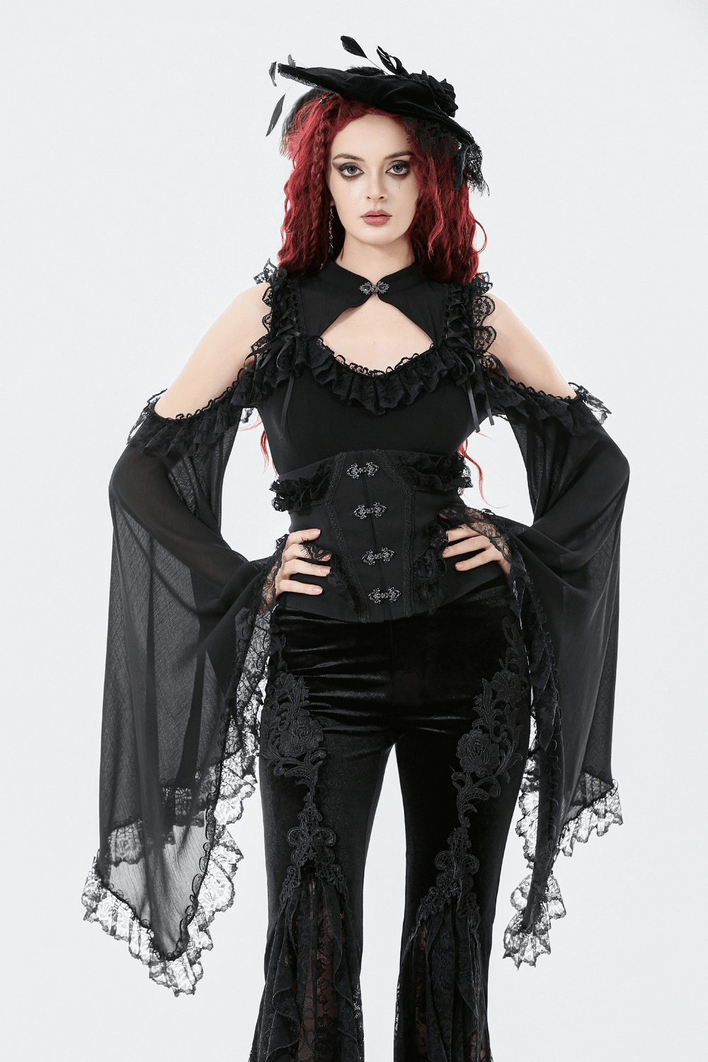 Lace-Trimmed Black Gothic Corset with Front Clasp Closure worn by model with striking red hair.