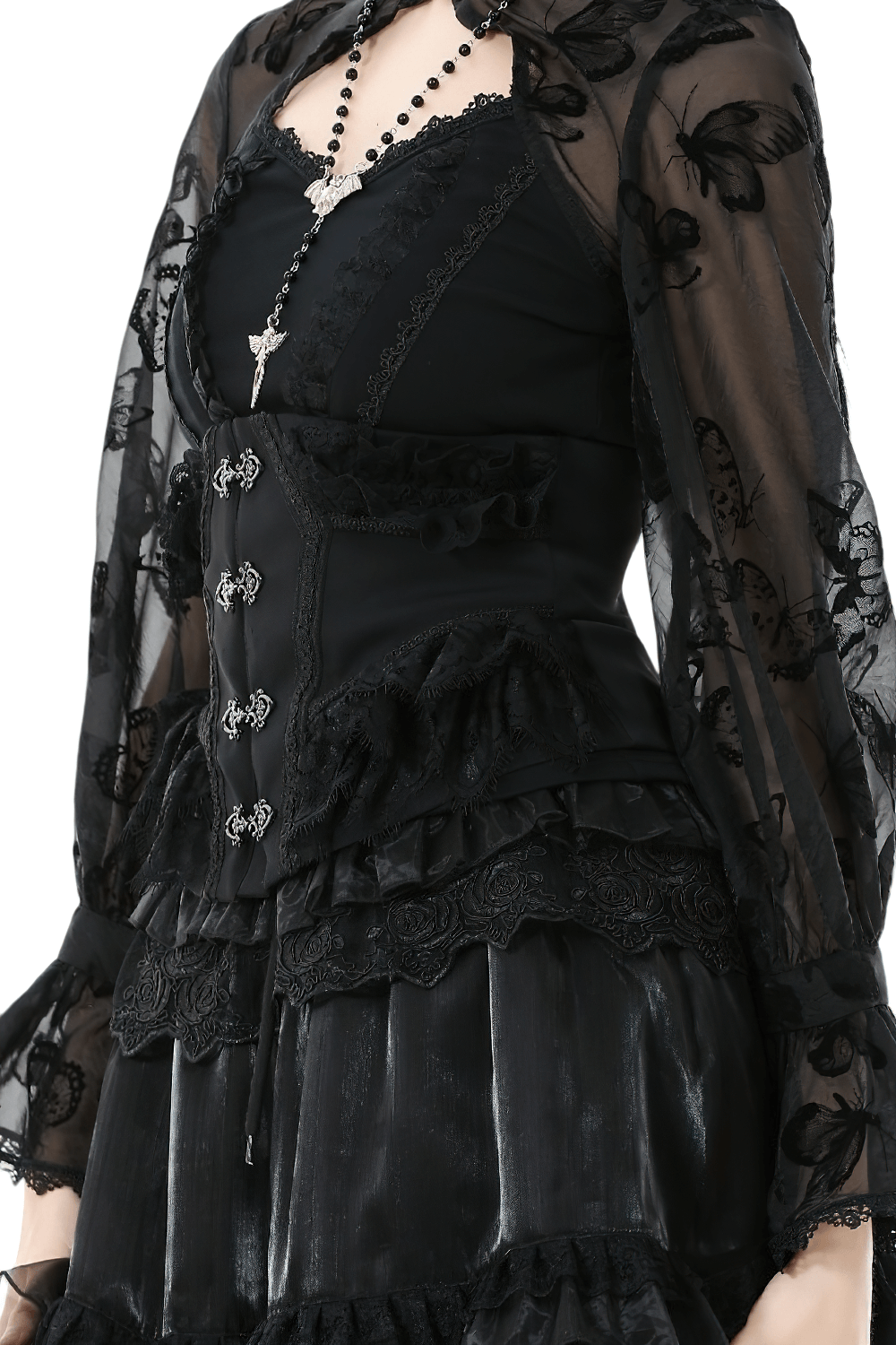 Lace-Trimmed Black Gothic Corset with Front Clasp Closure showcasing elegant lace ruffles and stylish metal clasps.