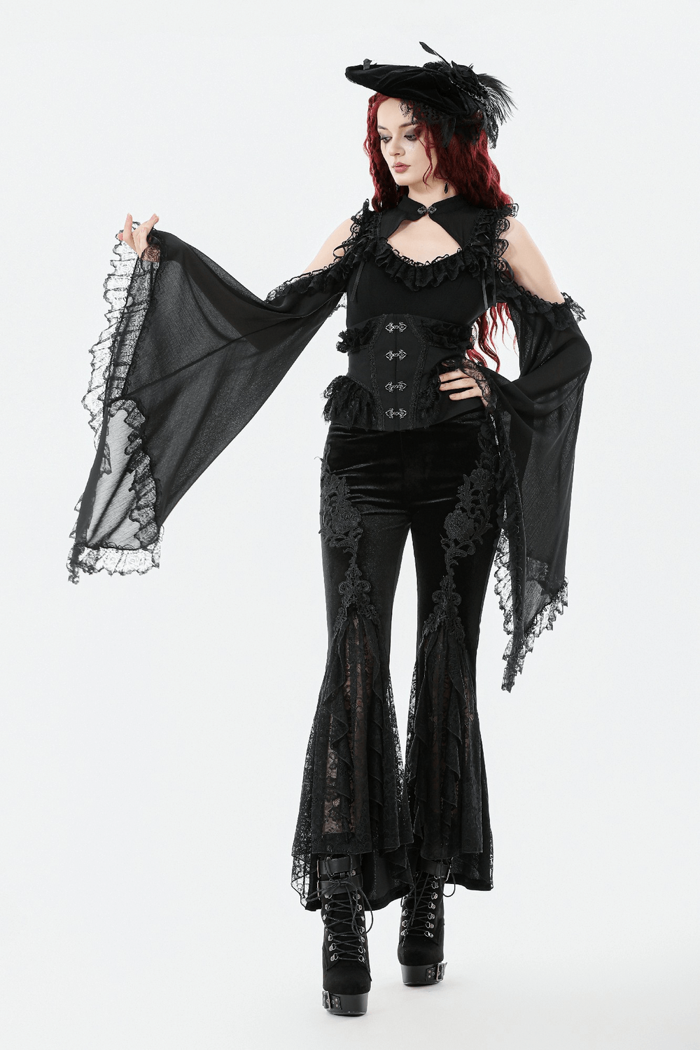 Lace-Trimmed Black Gothic Corset with Front Clasp Closure worn with stylish gothic attire and dramatic sleeves.