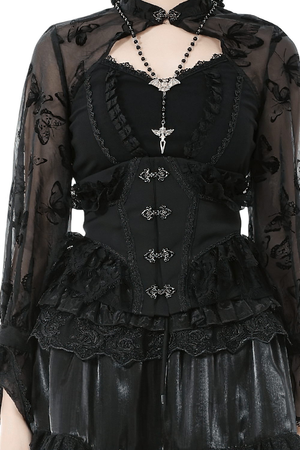 Lace-Trimmed Black Gothic Corset with Front Clasp Closure styled with lace ruffles and intricate detailing.