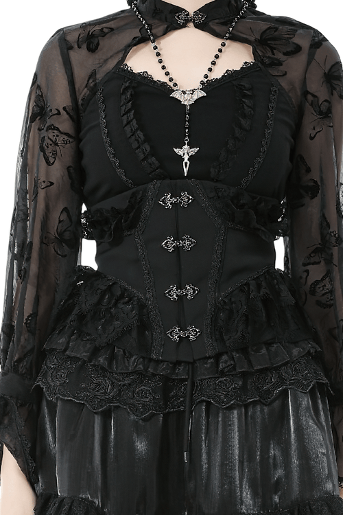 Schwarzes Gothic-Korsett mit Spitzenbesatz und Frontverschluss