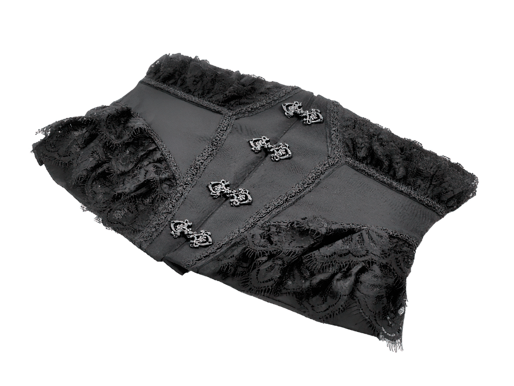 Lace-Trimmed Black Gothic Corset with Front Clasp Closure showcasing intricate lace detailing and stylish metal clasps.