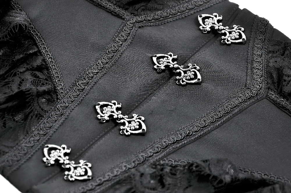 Lace-Trimmed Black Gothic Corset with Front Clasp Closure showcasing intricate clasp details and lace ruffle accents.