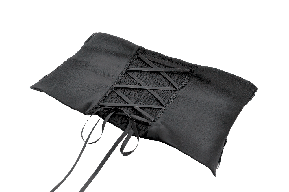 Lace-Trimmed Black Gothic Corset with Front Clasp Closure featuring a lacing back detail and satin fabric.
