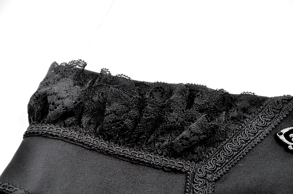 Lace-Trimmed Black Gothic Corset with Front Clasp Closure showcasing intricate lace ruffle detailing on satin fabric.