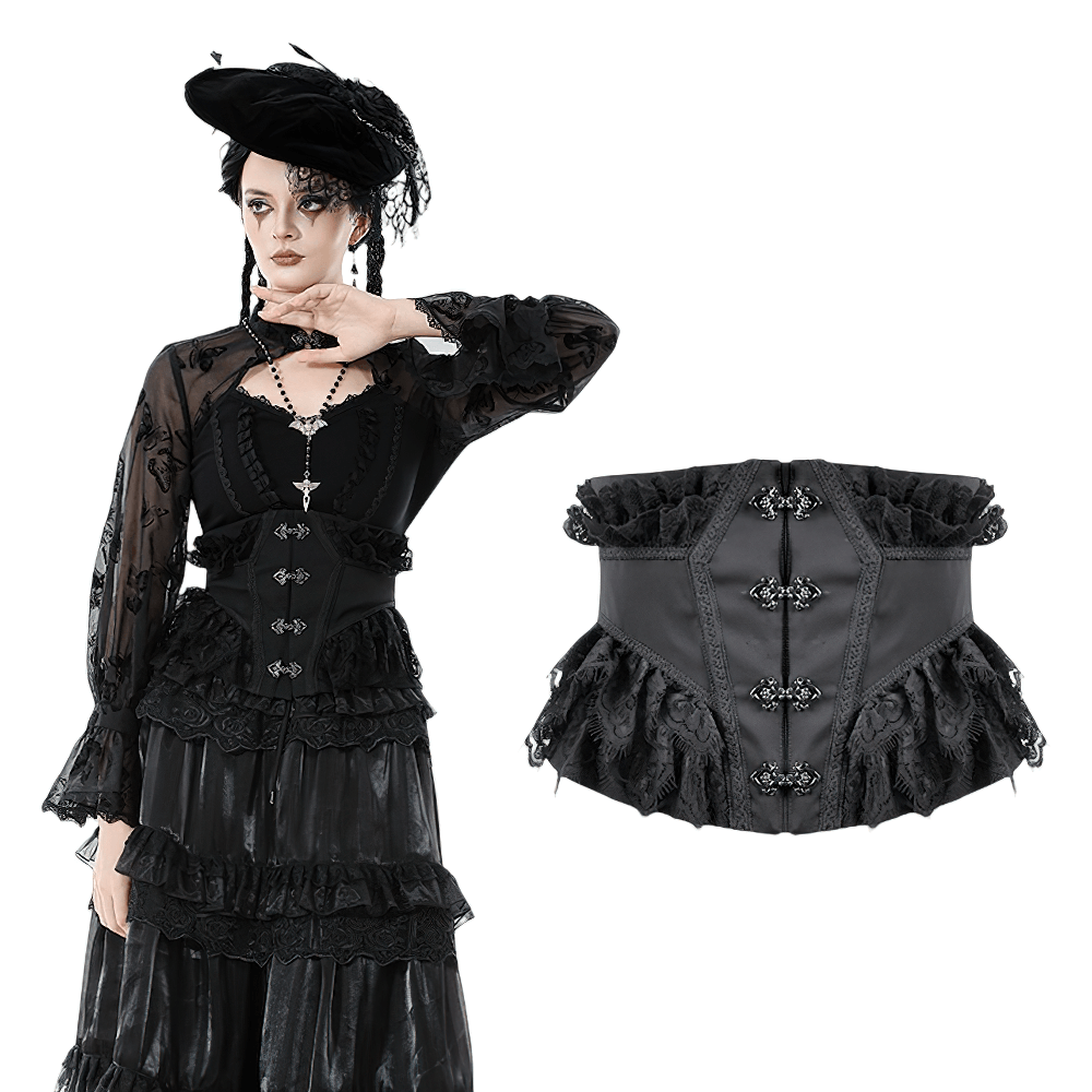 Lace-Trimmed Black Gothic Corset with Front Clasp Closure shown on model with lace ruffle detailing.